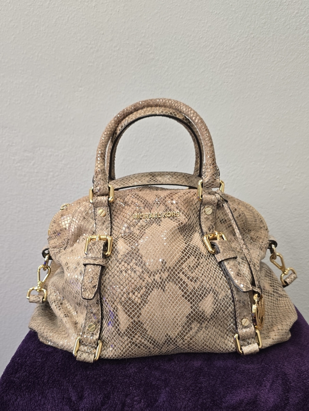 Michael Kors Bedford Python Embossed Leather Satchel Beige Gold Hardware